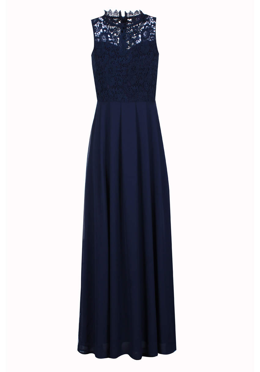 Kikodress - Navy Crochet Top Chiffon Maxi Dress