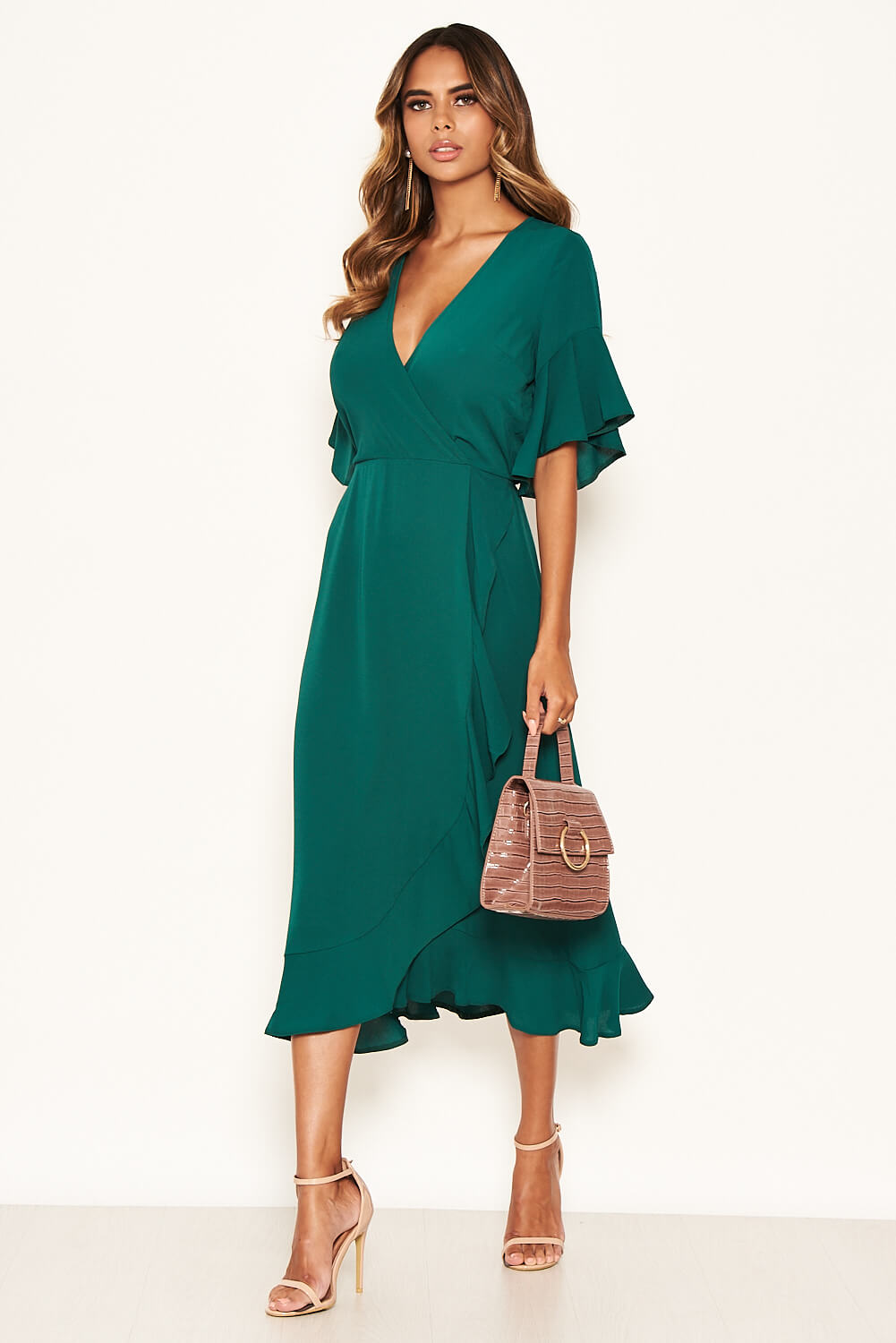 Kikodress - Teal Midi Dress With Frill Hem And Sleeves