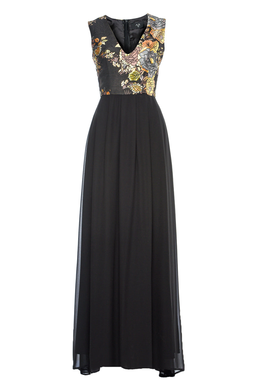 Kikodress - black Floral 2 in 1 V Neck Maxi Dress