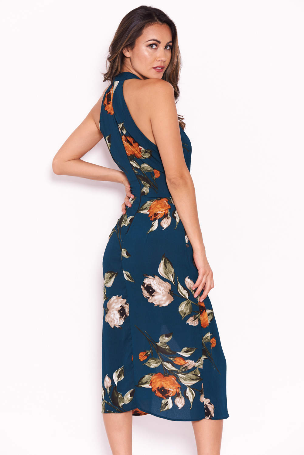 Kikodress - Teal Floral Midi Wrap Dress