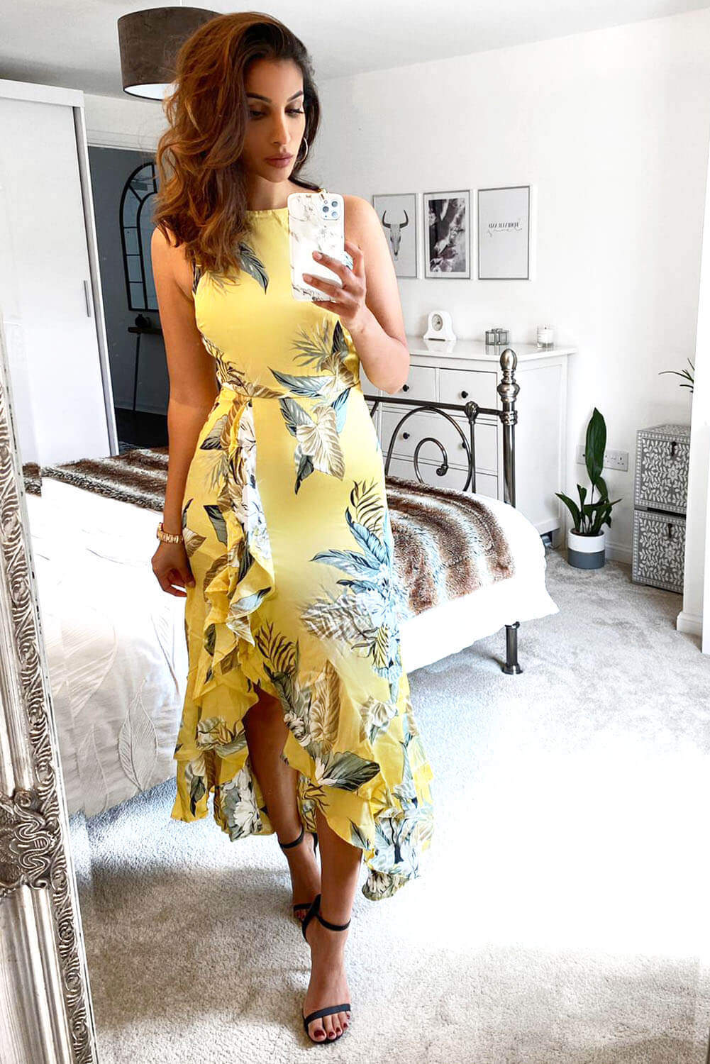 Kikodress - Yellow Frilled Floral Midi Dress with Side Slip