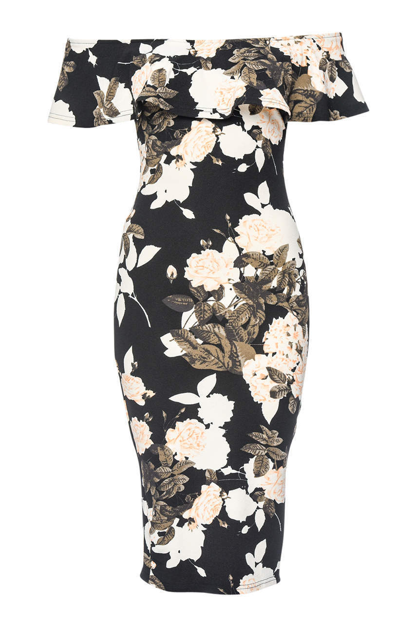 Kikodress - Black Bardot Floral Bodycon Dress