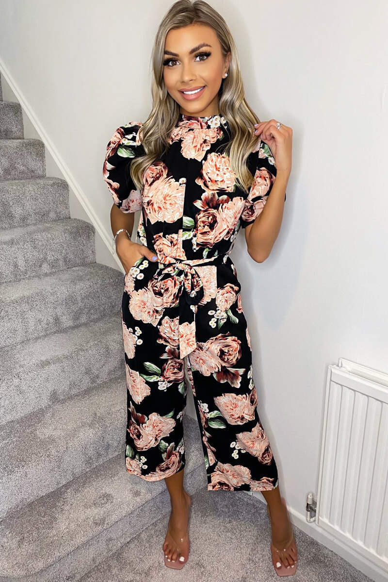 Kikodress - Black Rose Print Puff Sleeve Tie Waist Jumpsuit