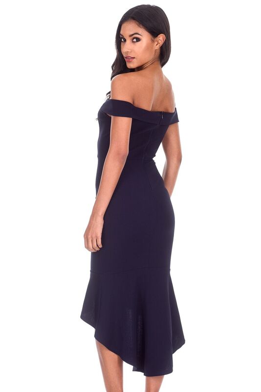 Kikodress - Navy Bardot Fishtail Midi Dress
