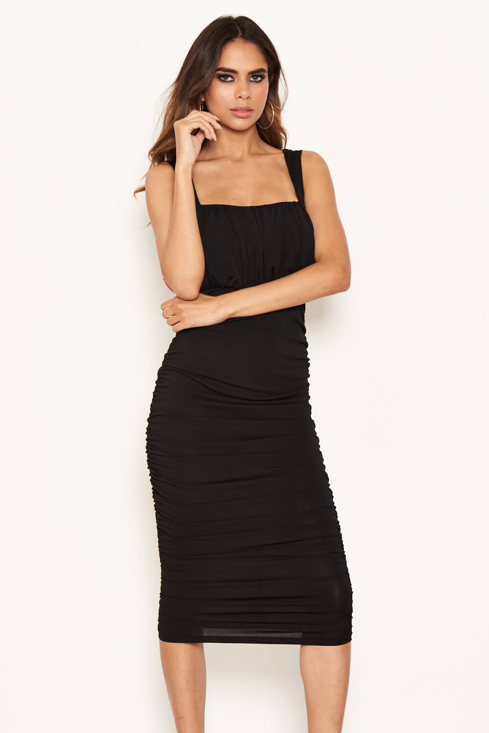 Kikodress - Black Square Neck Ruched Dress