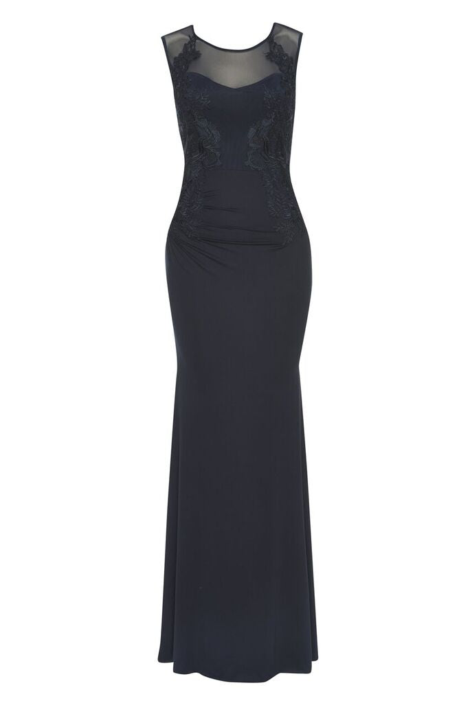 Kikodress - Navy Floor Length Fitted Dress With Lace Detail