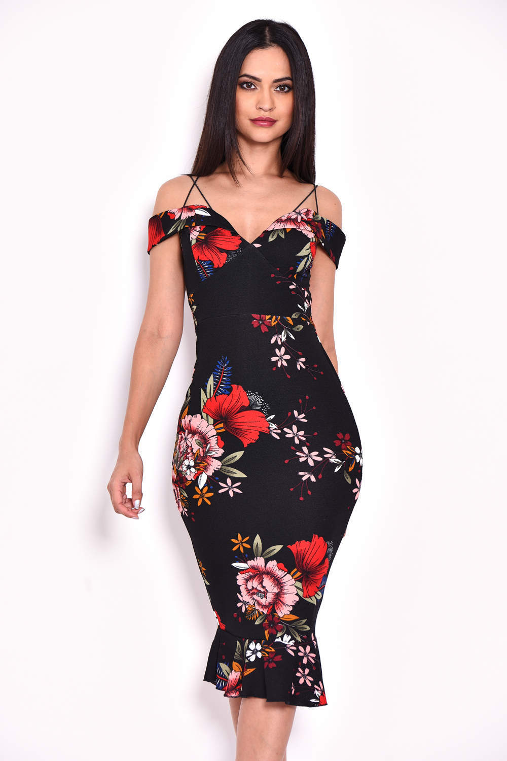 Kikodress - Black Floral Fishtail Midi Dress