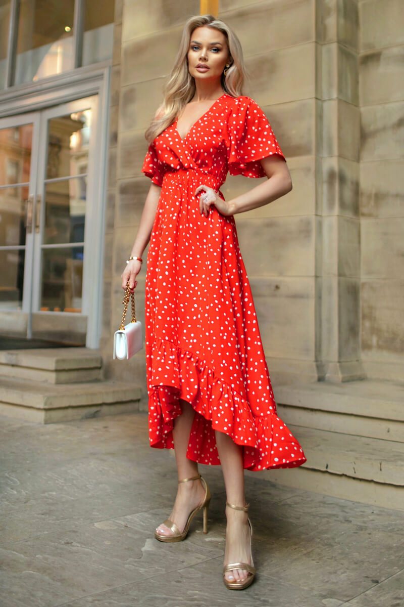 Kikodress - Red And White Polka Dot Printed High Low Midi Dress