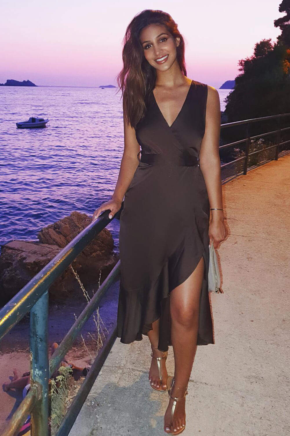 Kikodress - Chocolate Wrap Frill Hem Maxi Dress with Tie Belt