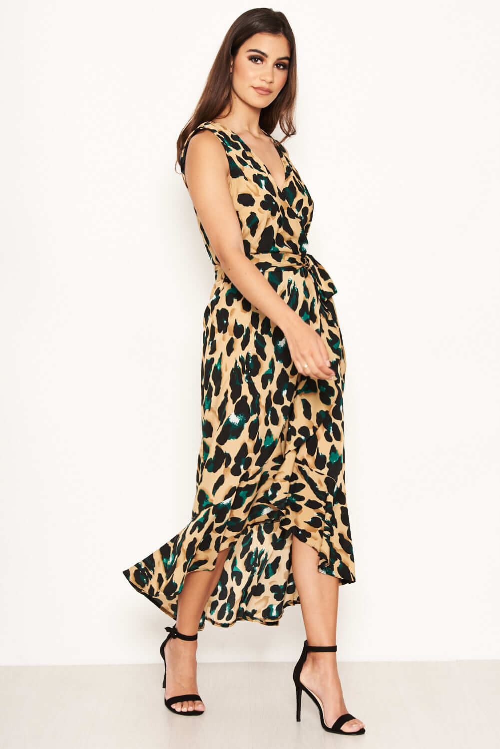 Kikodress - Leopard Print Wrap Frill Maxi Dress
