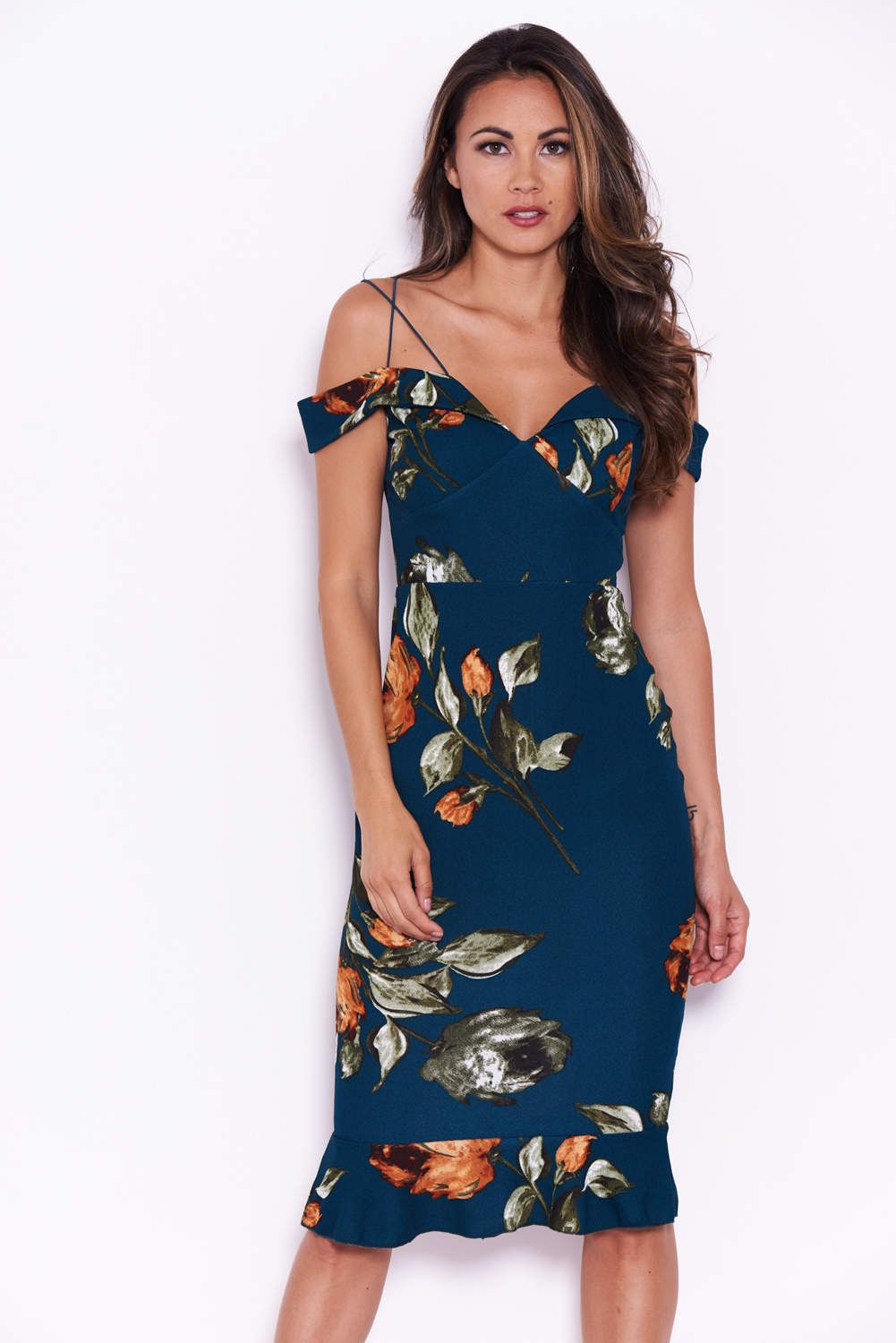 Kikodress - Teal Floral Off The Shoulder Dress With Frill Detail