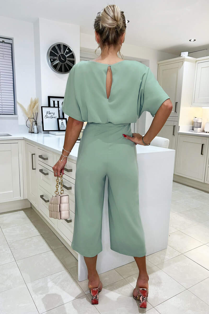 Kikodress - Duck Egg Tie Waist Short Sleeve Culotte Jumpsuit