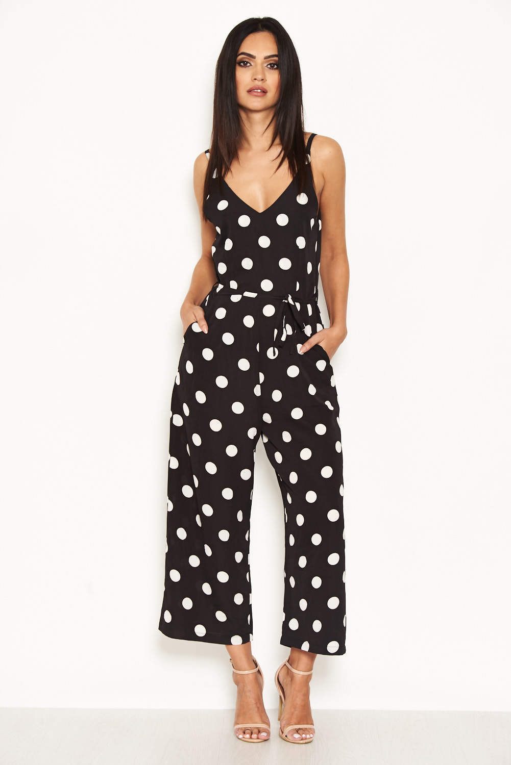Kikodress - Black Polka Dot Tie Waist Jumpsuit