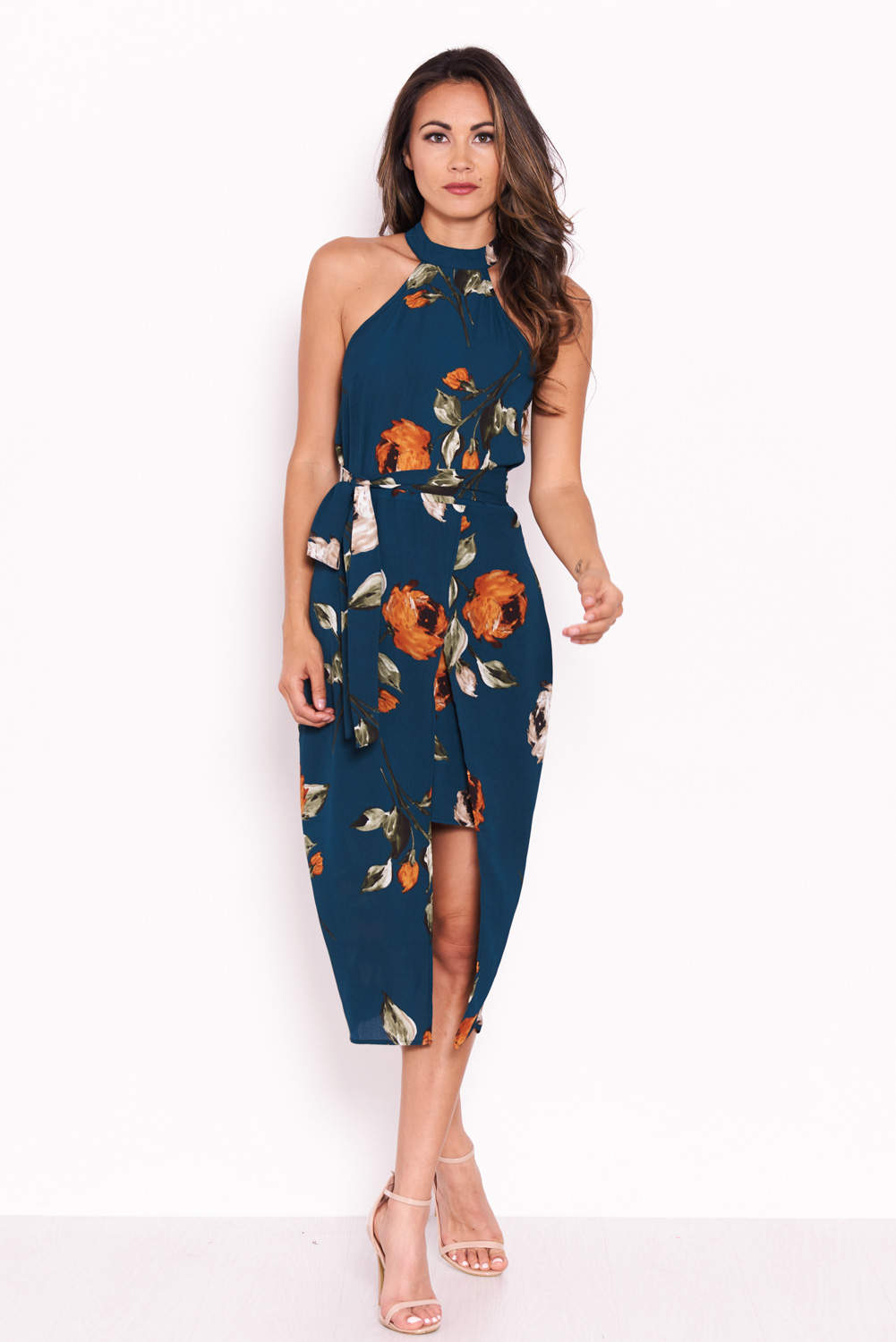 Kikodress - Teal Floral Midi Wrap Dress