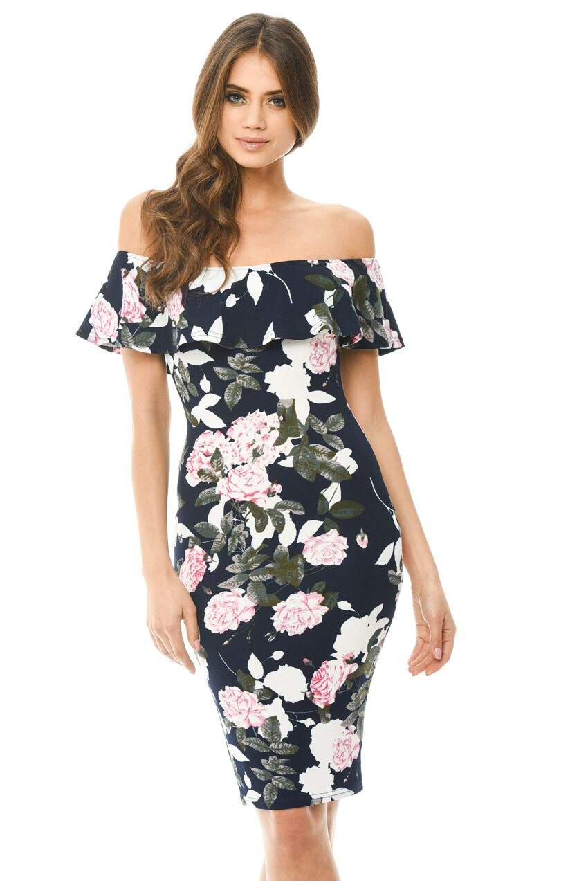 Kikodress - Navy Printed Floral Bardot Midi Dress