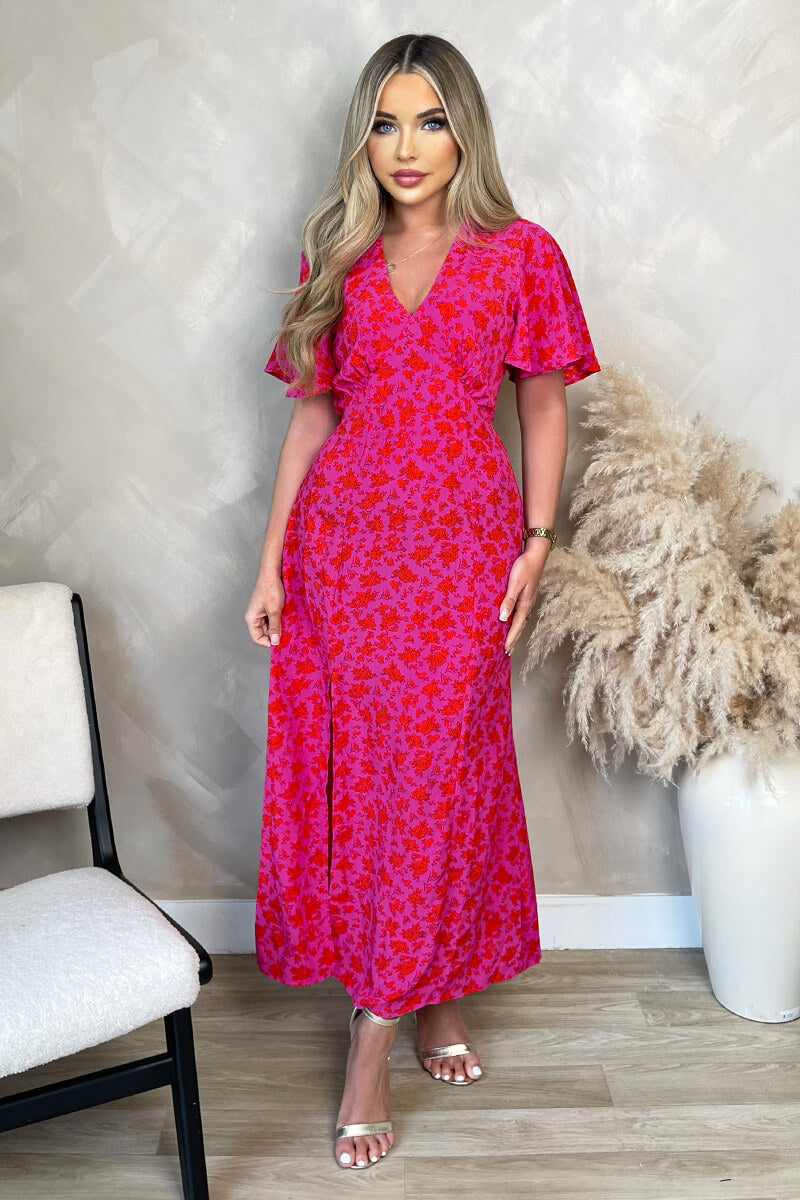 Kikodress - Pink And Red Floral Printed V-Neck Short Sleeve Midi Dress