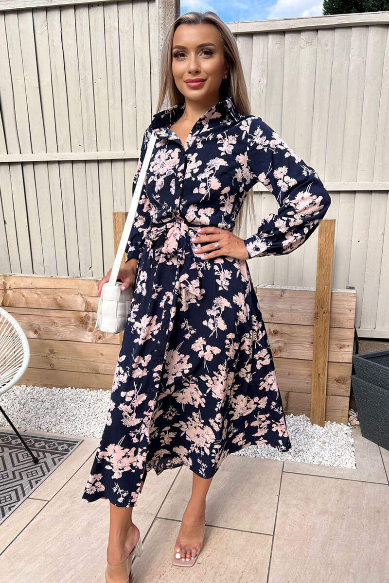 Kikodress - Navy And Pink Floral Button Up Midi Shirt Dress