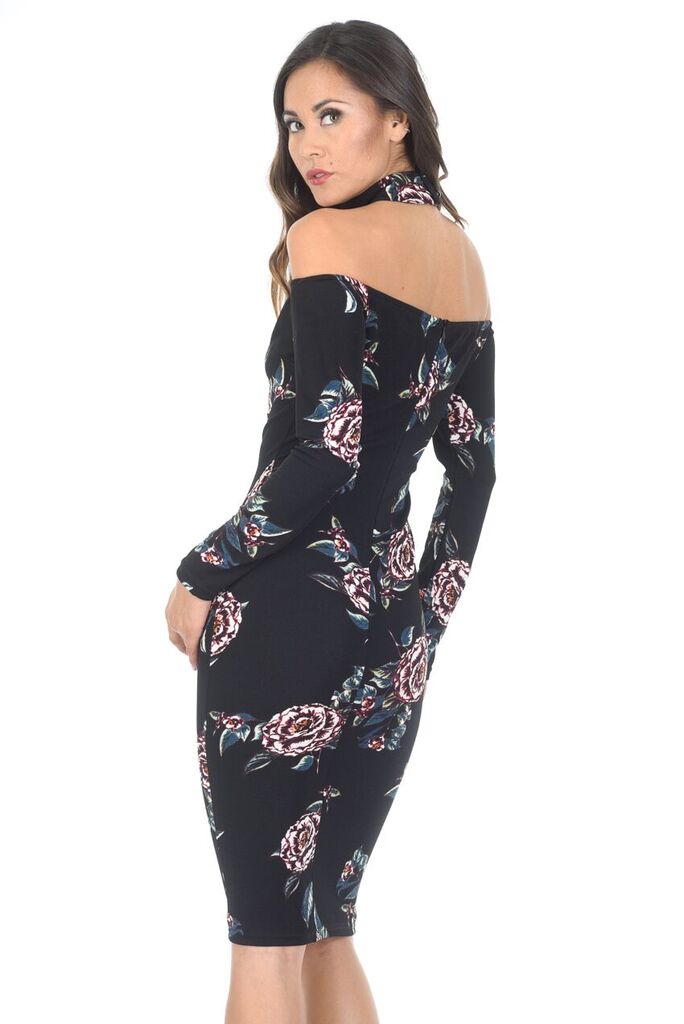Kikodress - Black Off The Shoulder Floral Midi Bodycon Dress