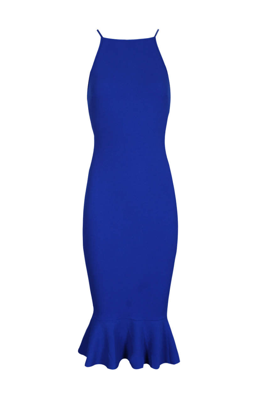 Kikodress - Blue Bodycon Midi Dress With Frill Hem