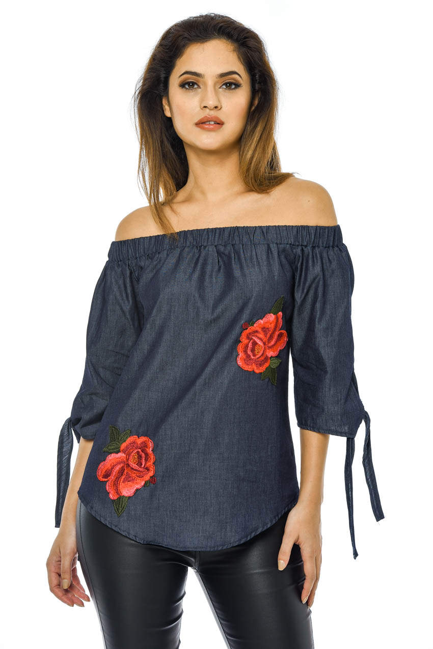 Kikodress - Off The Shoulder Denim Embroidered Top