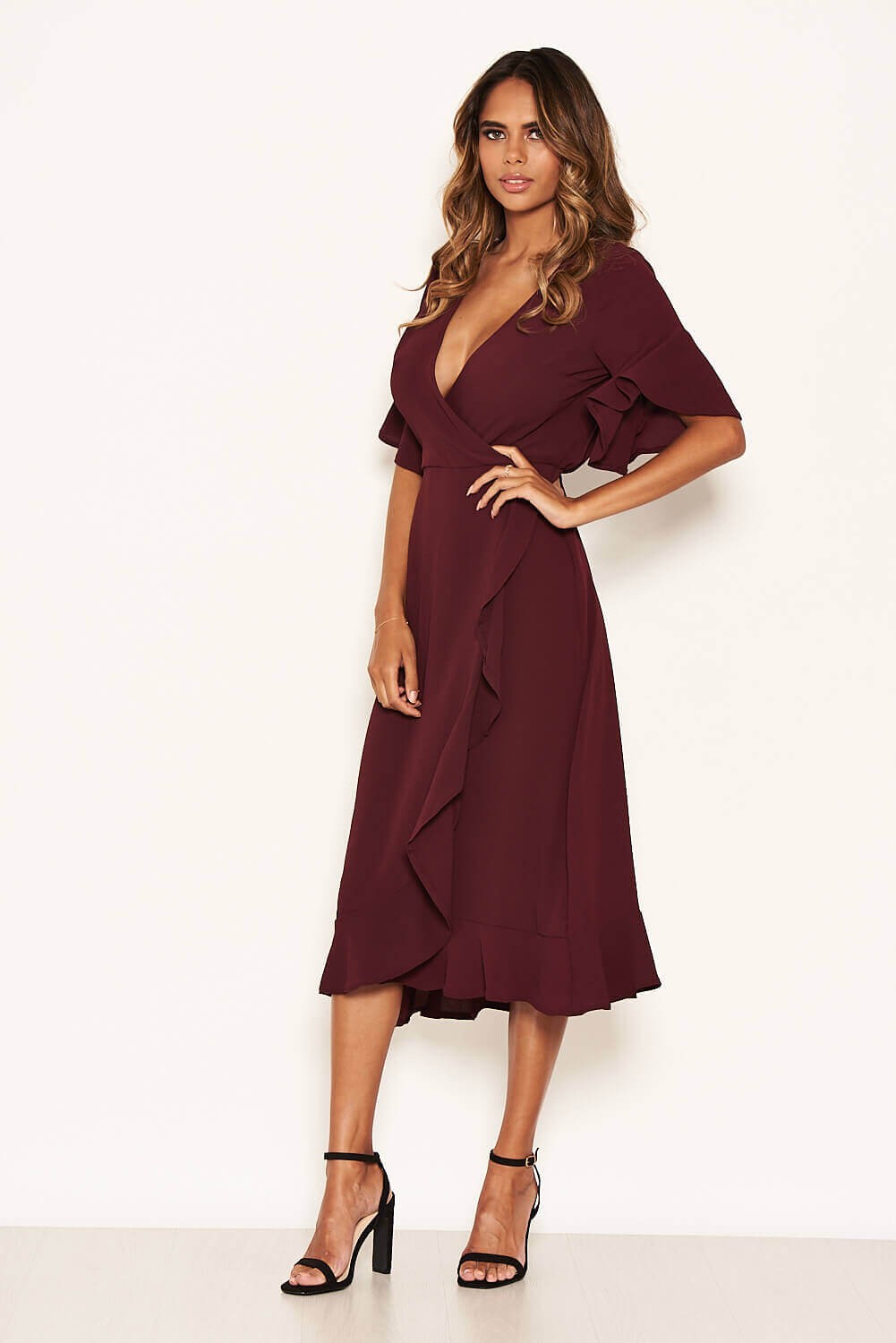 Kikodress - Plum Midi Dress With Frill Hem And Sleeves