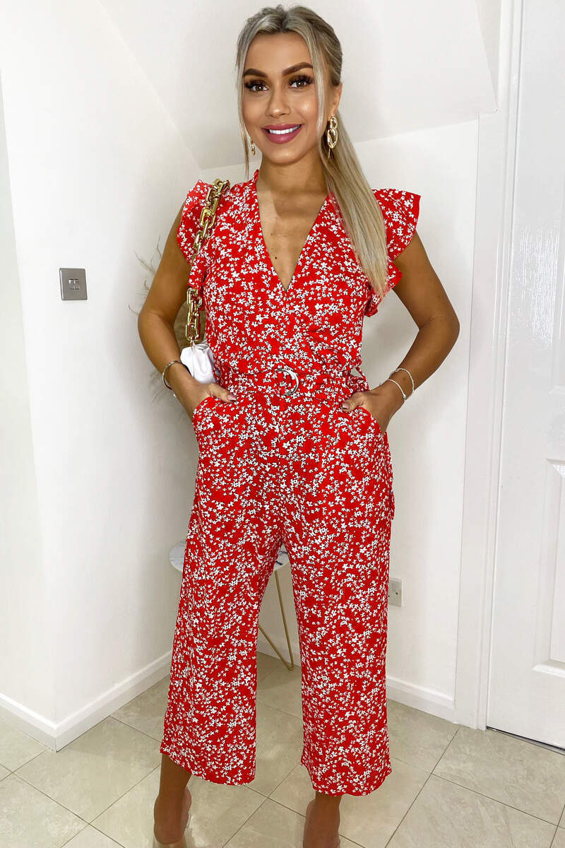 Kikodress - Red Floral Print Wrap Front Belted Jumpsuit