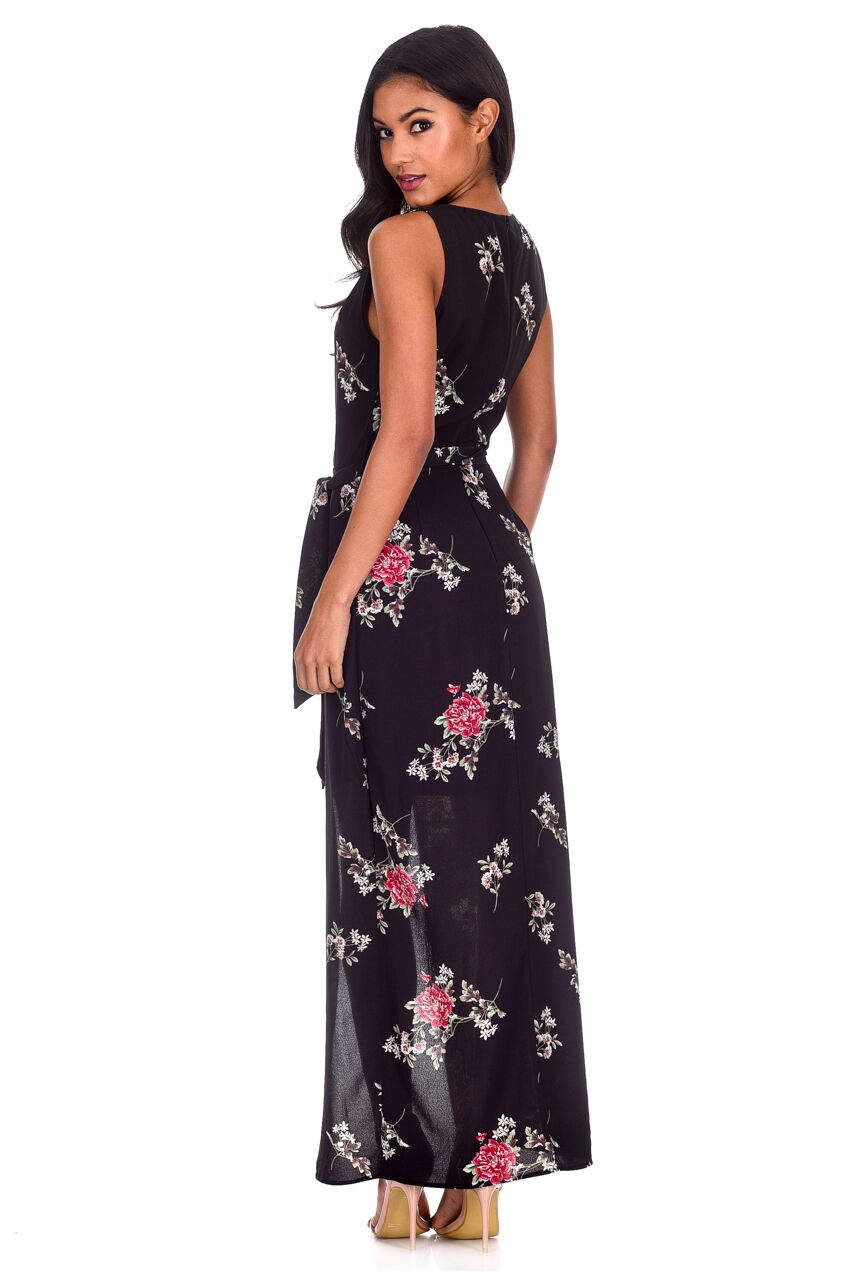 Kikodress - Black Floral V-Neck Wrap Skirt Dress