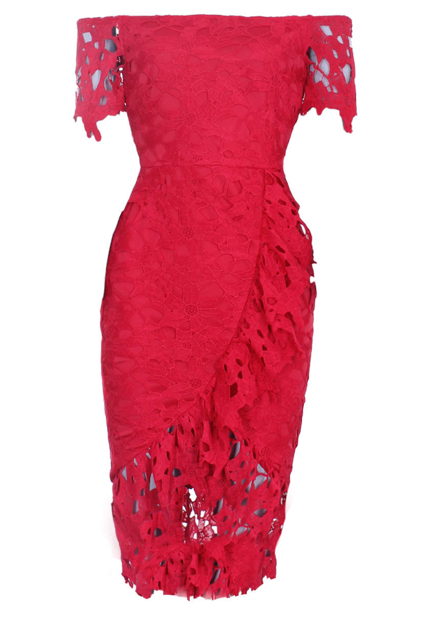Kikodress - Red Crochet Bardot Frill Wrap Dress