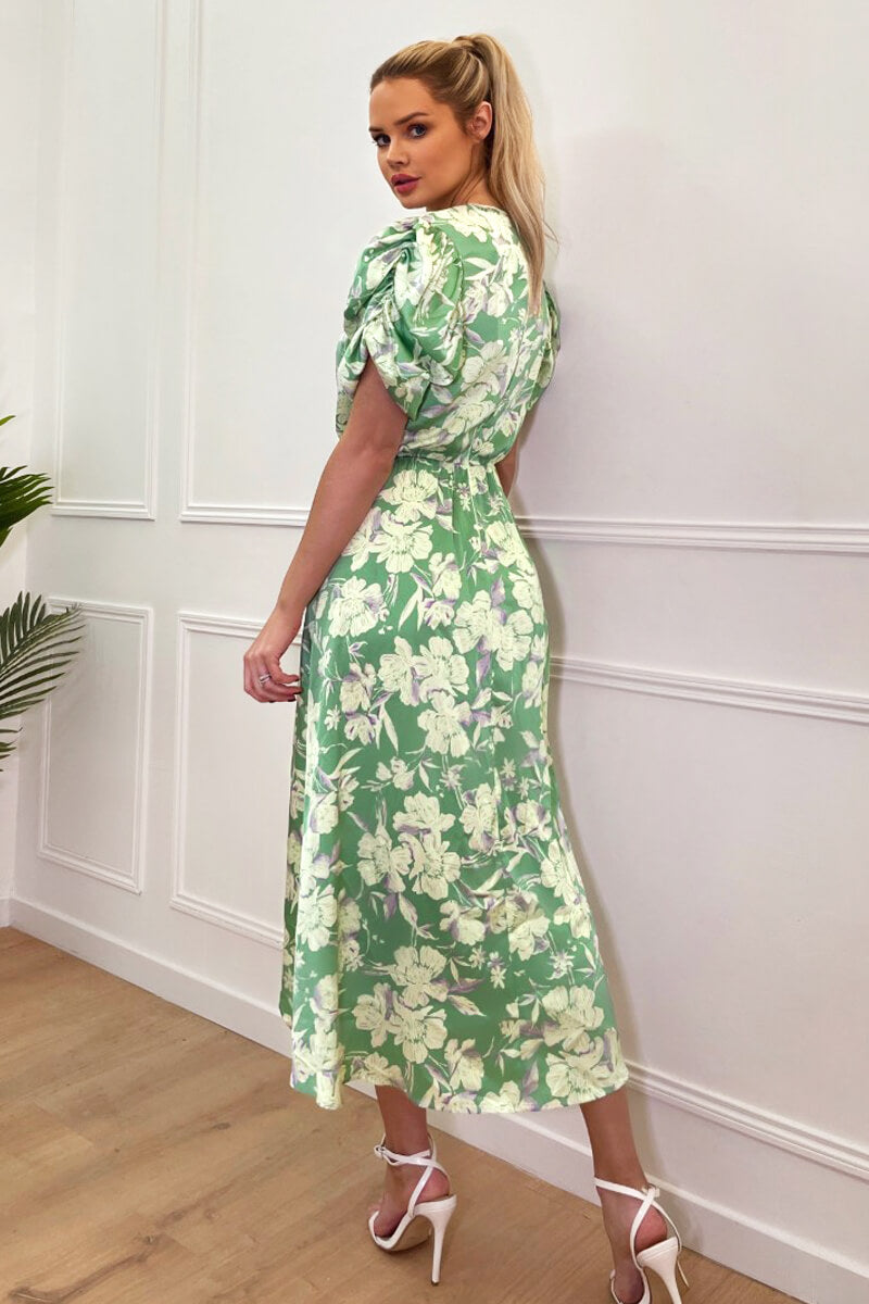 Kikodress - Green Floral Printed Short Puff Sleeve Gathered Side Midi Dress