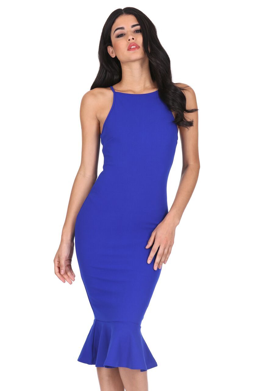 Kikodress - Blue Bodycon Midi Dress With Frill Hem