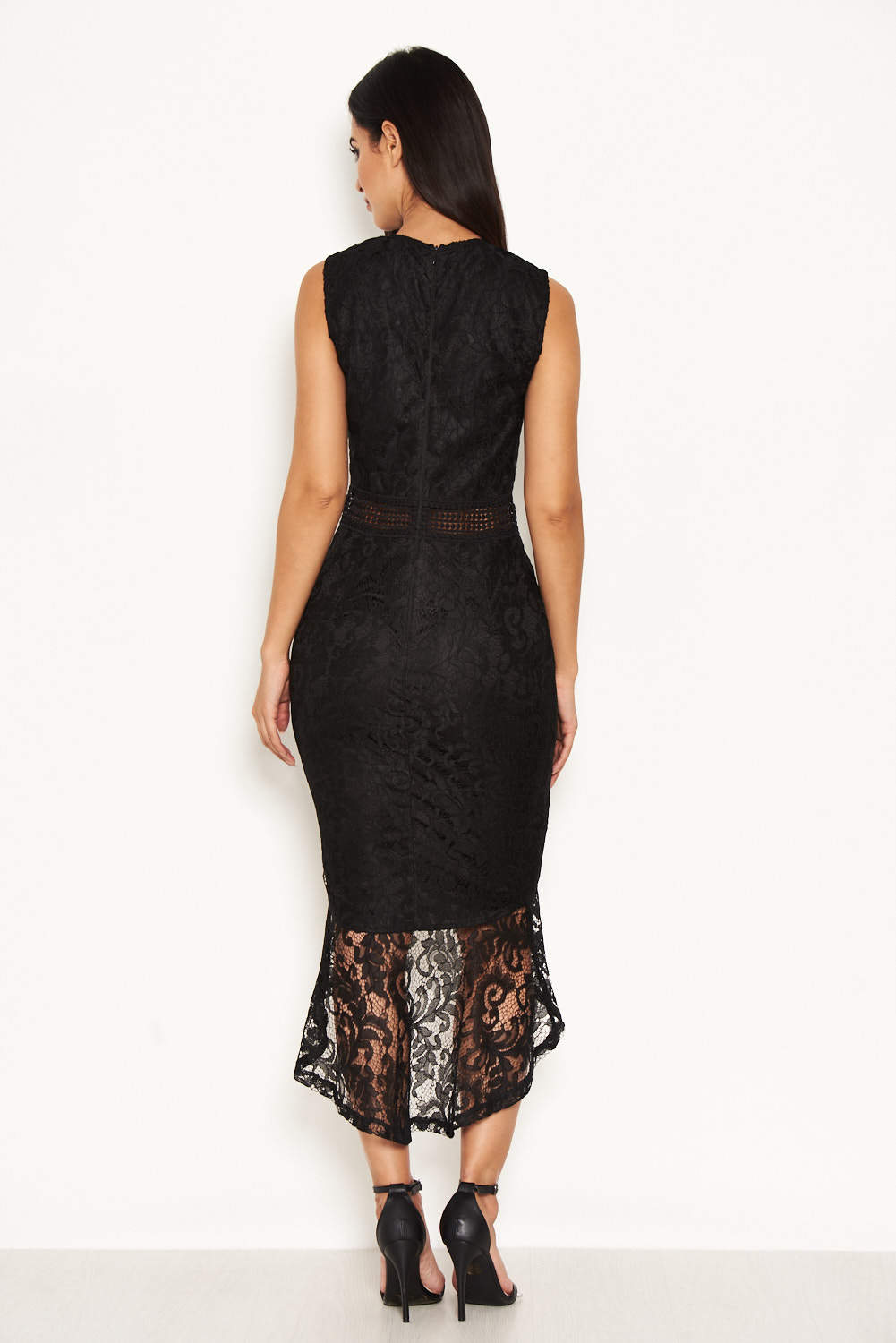 Kikodress - Black Fishtail Hem Lace Midi Dress