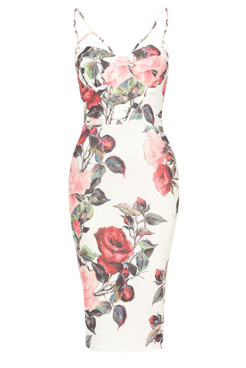 Kikodress - Cream Floral Bodycon Dress With Harness Detail
