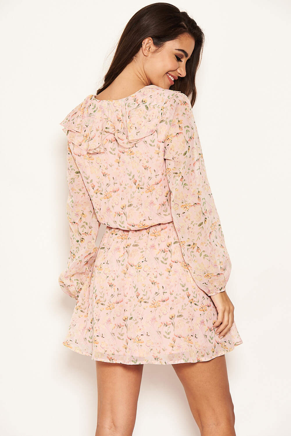 Kikodress - Pink Floral Lace up Front Frill Dress