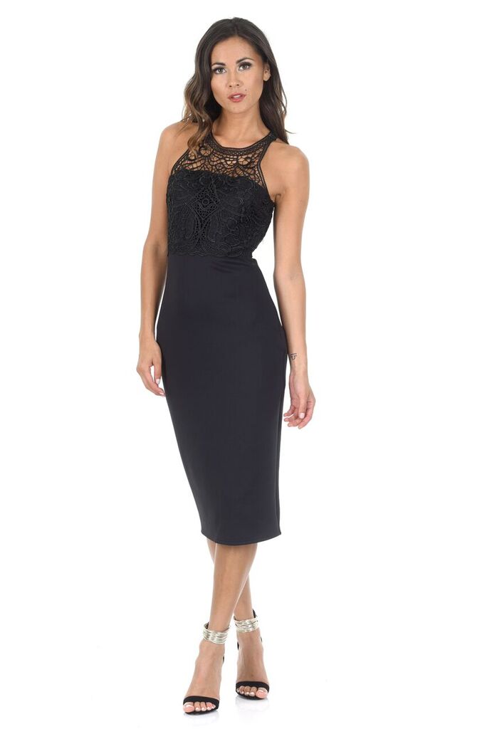 Kikodress - Black Crochet High Neck Midi Dress