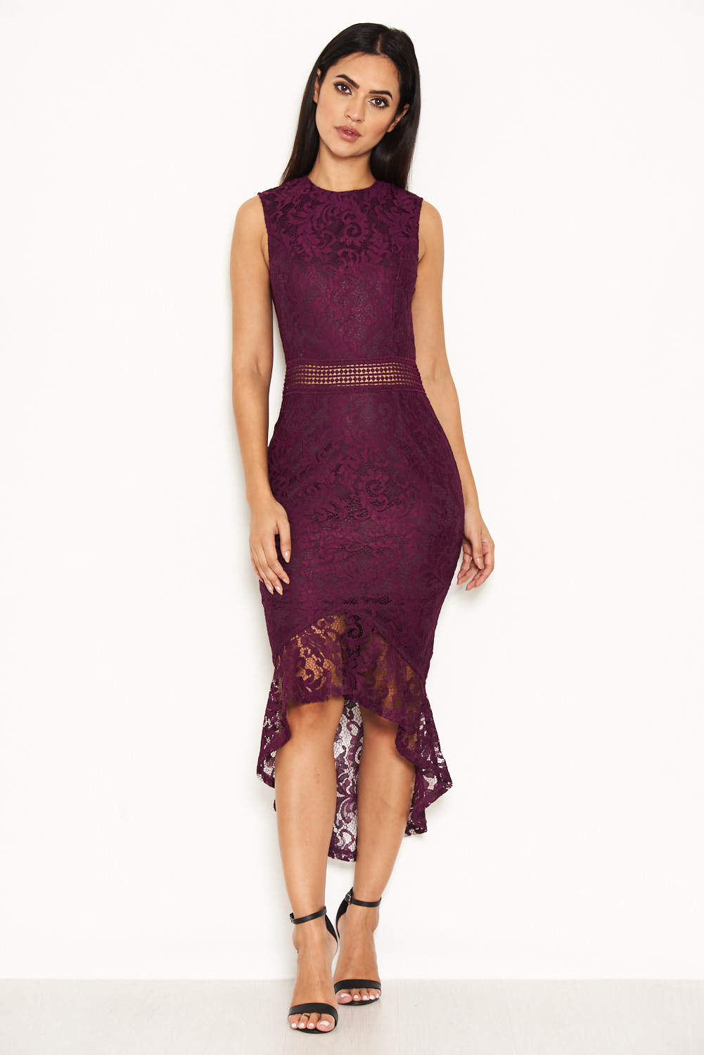 Kikodress - Plum Fishtail Hem Lace Midi Dress