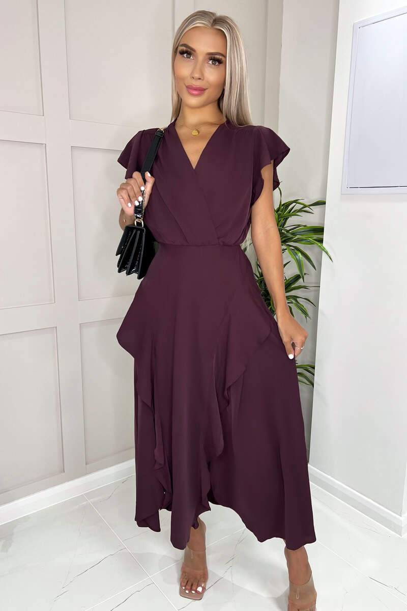 Kikodress - Plum Frill Detail Double Split Skirt Midi Dress