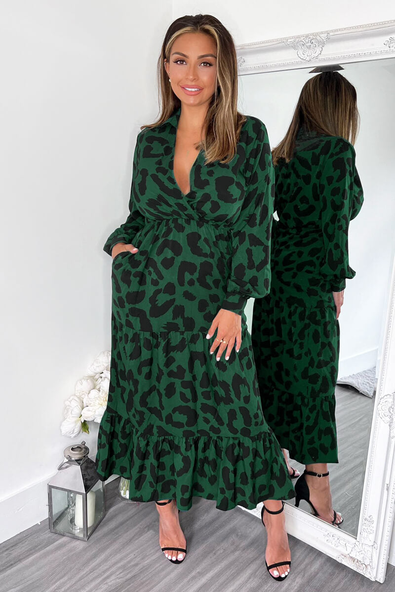 Kikodress - Green Leopard Print Long Sleeve Smock Midi Dress
