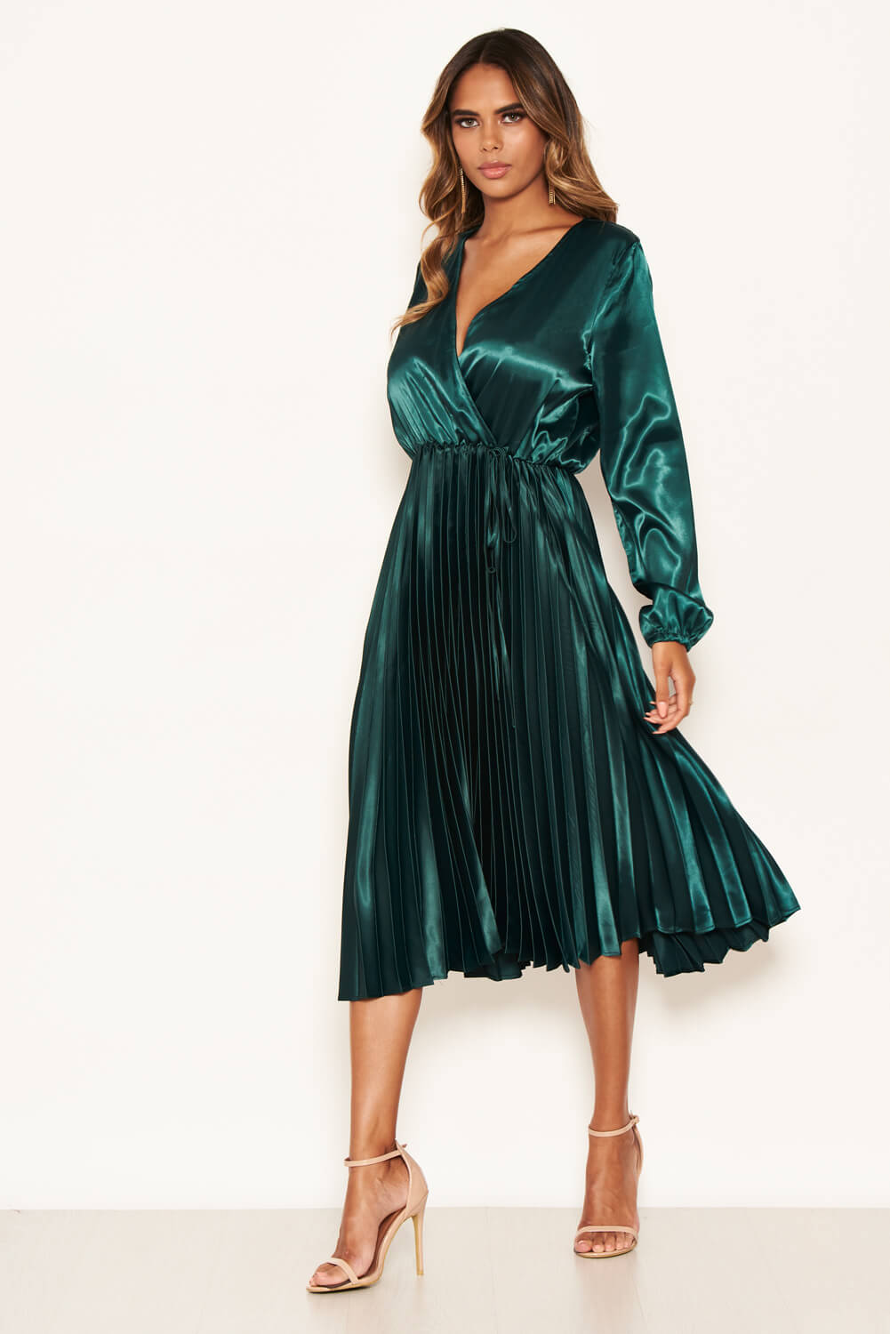 Kikodress - Teal Wrap Pleated Satin Dress