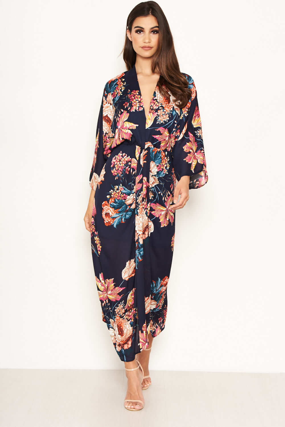 Kikodress - Navy Floral Kimono Sleeve Maxi Dress
