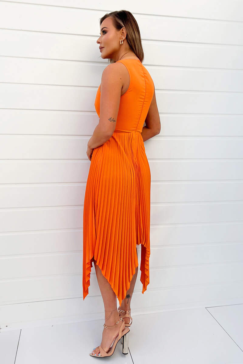 Kikodress - Blood Orange V-Neck Pleated Skirt Midi Dress