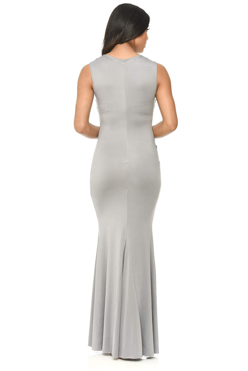 Kikodress - Grey Floor Length Fitted Dress With Lace Detail