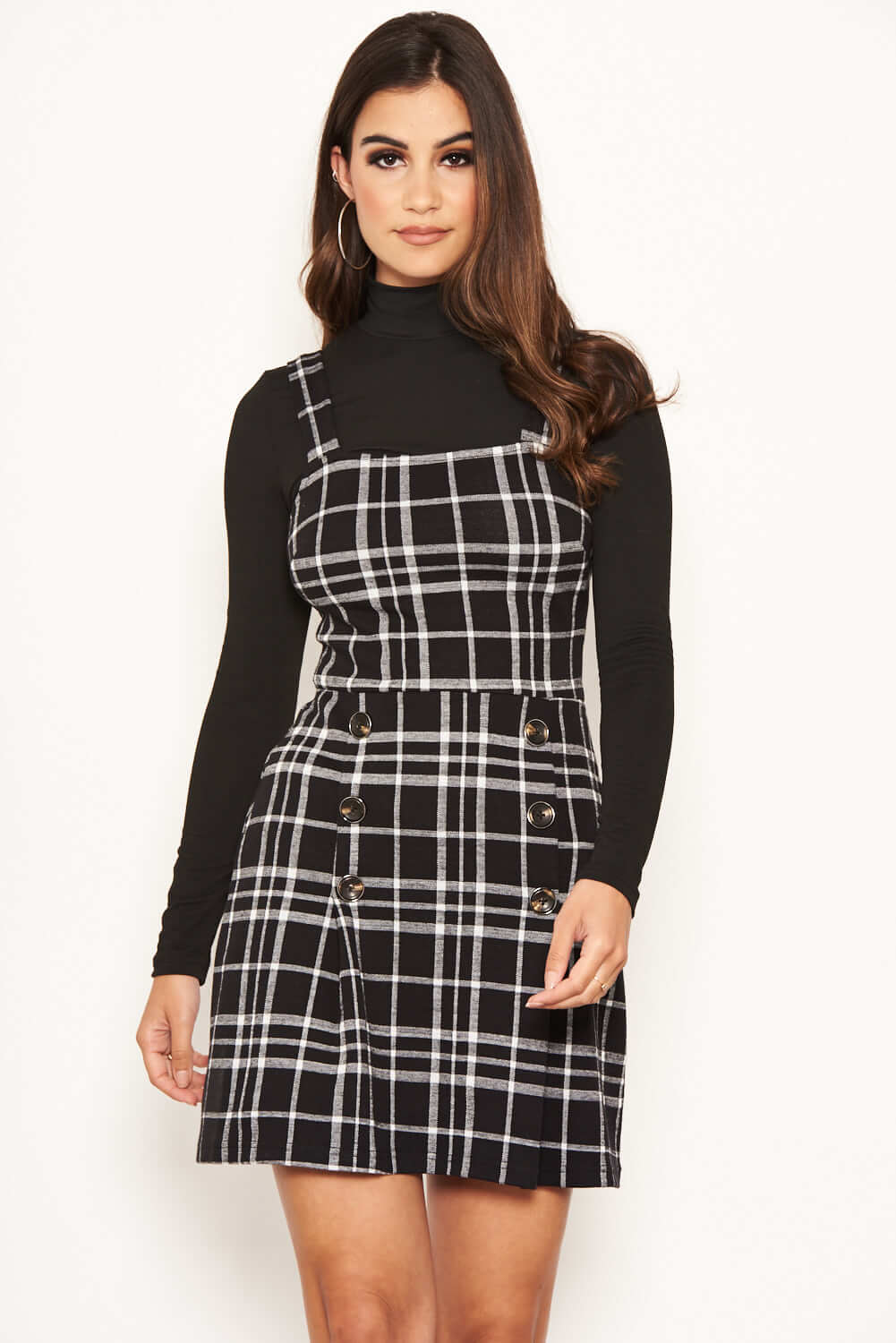 Kikodress - Black Check Button Front Detail Skater Dress