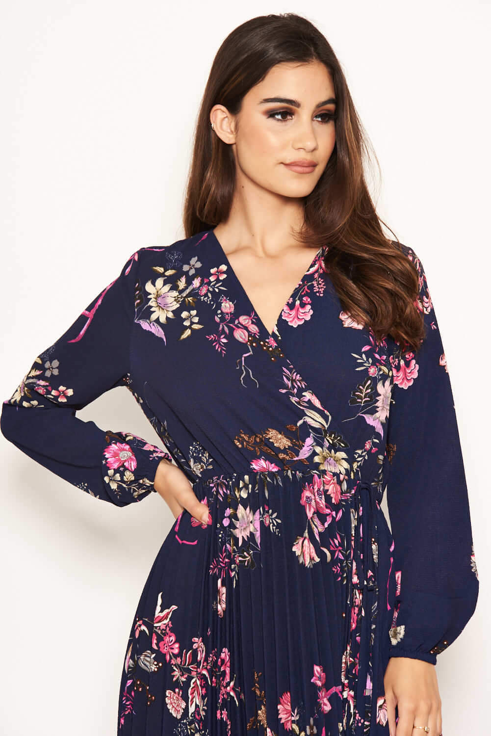 Kikodress - Navy Floral Pleated Dress