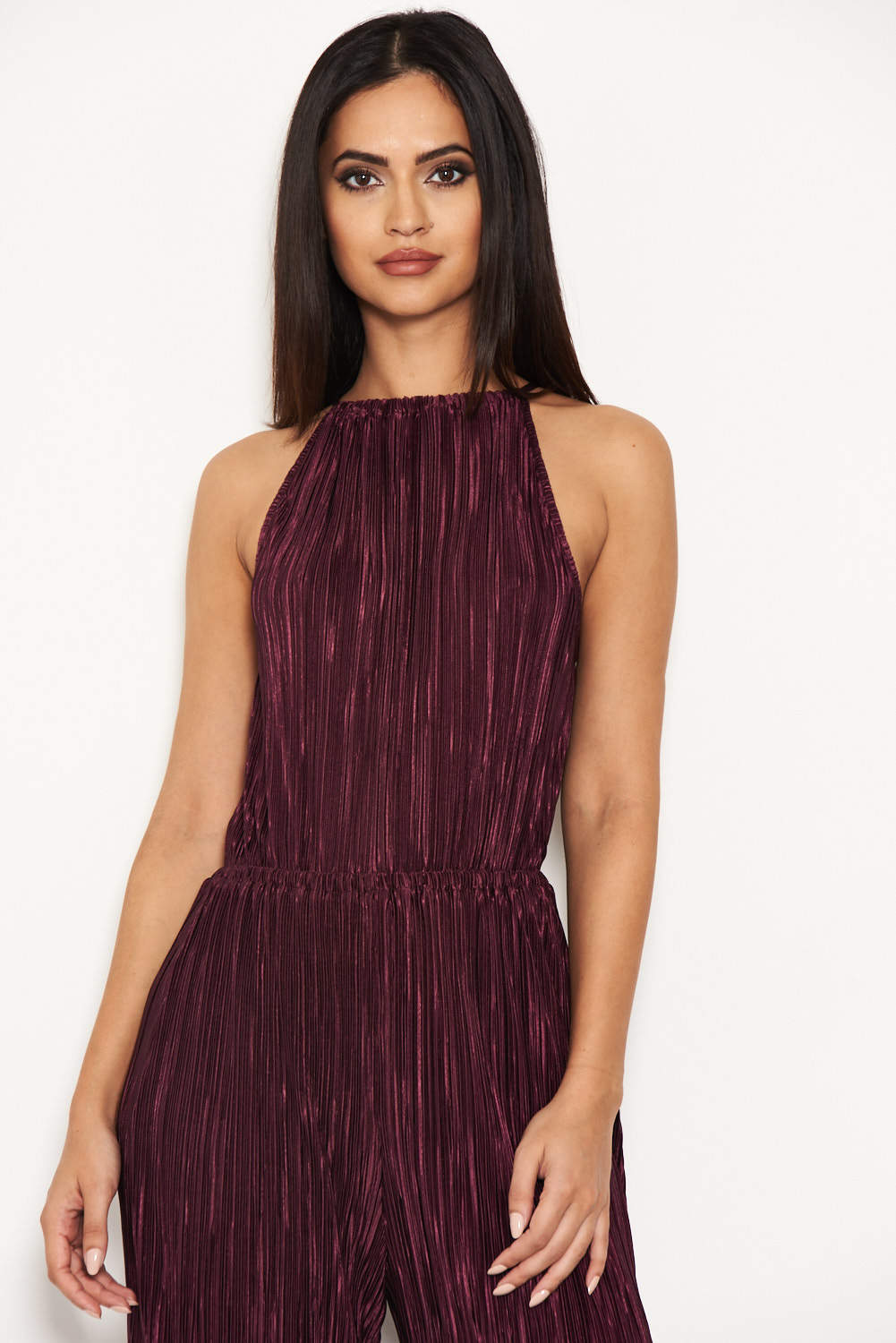 Kikodress - Plum Pleated High Neck Jumpsuit