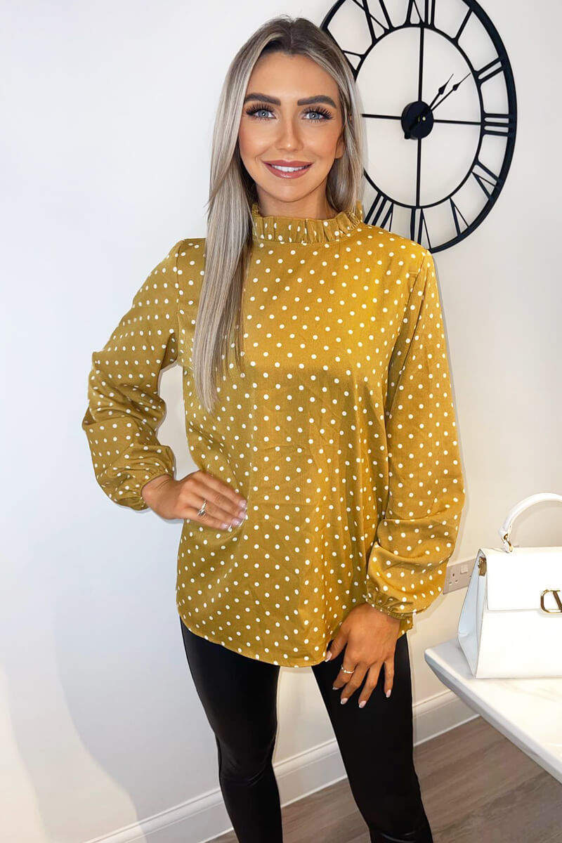 Kikodress - Mustard Polka Dot High Neck Long Sleeve Top