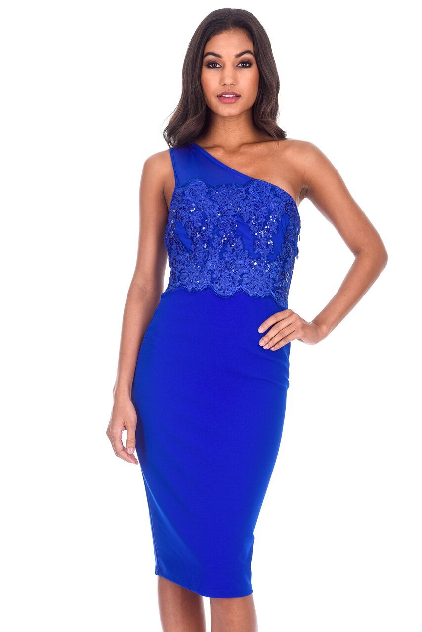 Kikodress - Blue One Shoulder Sequin Embroidered Bodycon