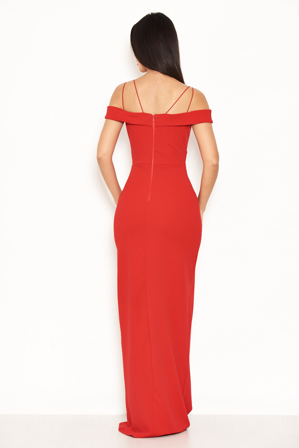 Kikodress - Red Strappy Off The Shoulder Side Split Maxi Dress