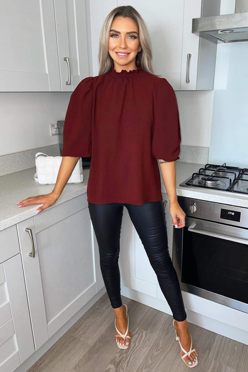 Kikodress - Wine Elasticated Neck Puff Sleeve Blouse
