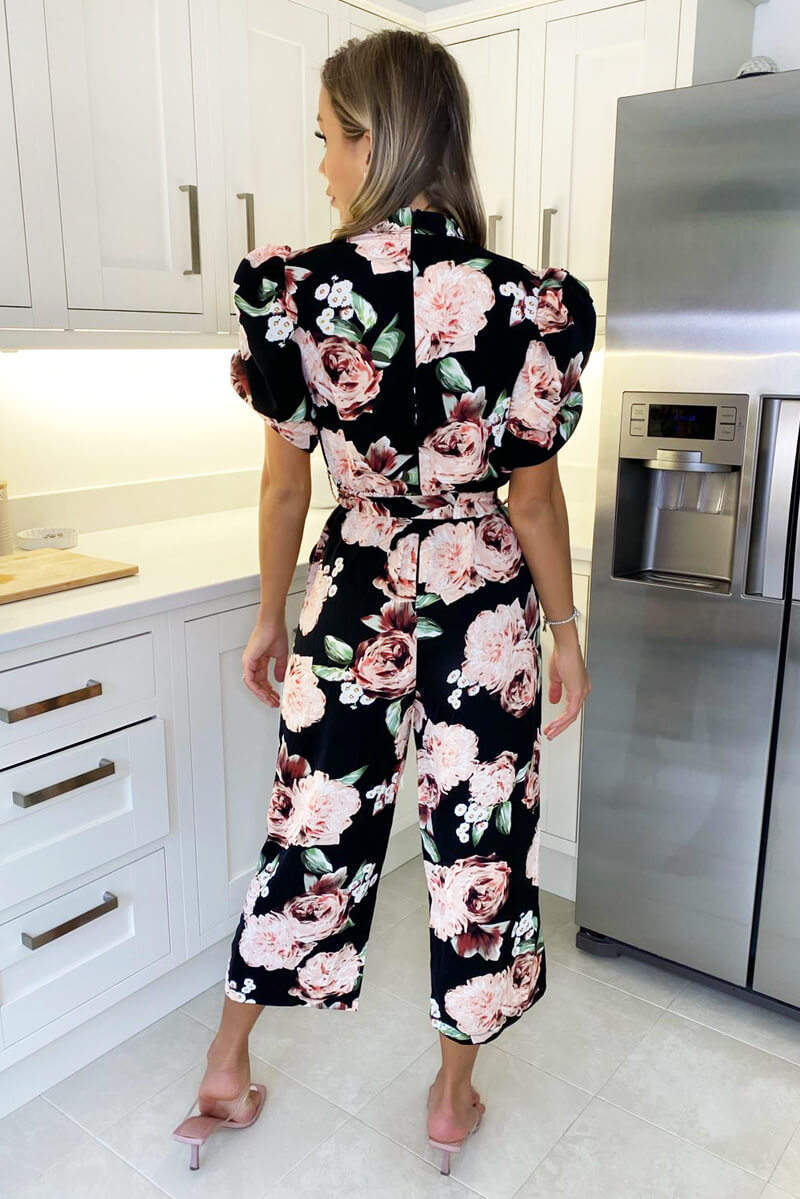 Kikodress - Black Rose Print Puff Sleeve Tie Waist Jumpsuit