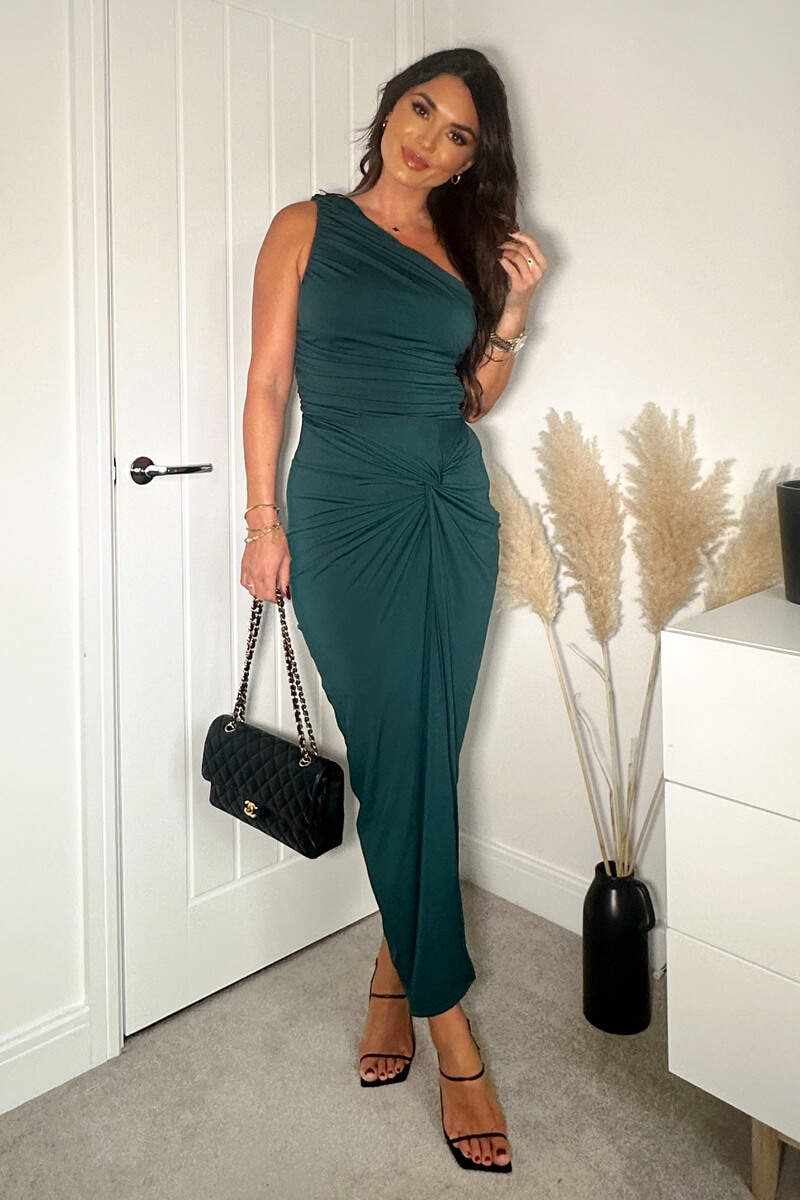 Kikodress - Teal One Shoulder Knot Skirt Midi Dress